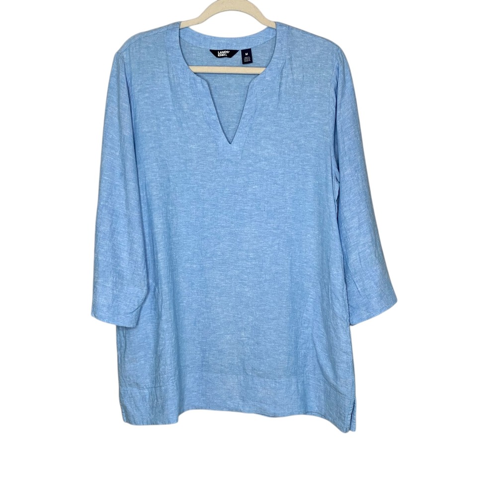 Lands' End blue split vneck 3/4 length sleeve linen blend tunic w pockets Size M
